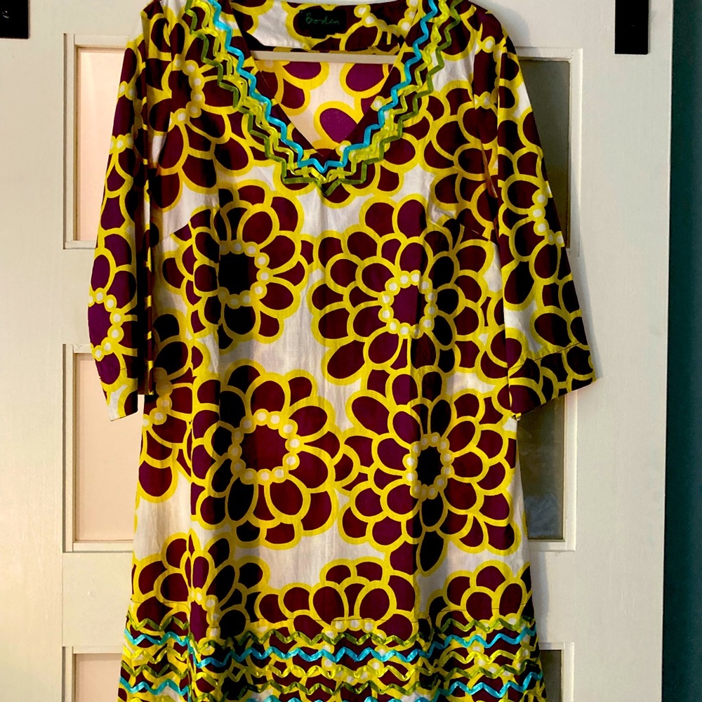 Unique, beautiful Boden dress/tunic in eggplant, yellow, and turquoise colors.